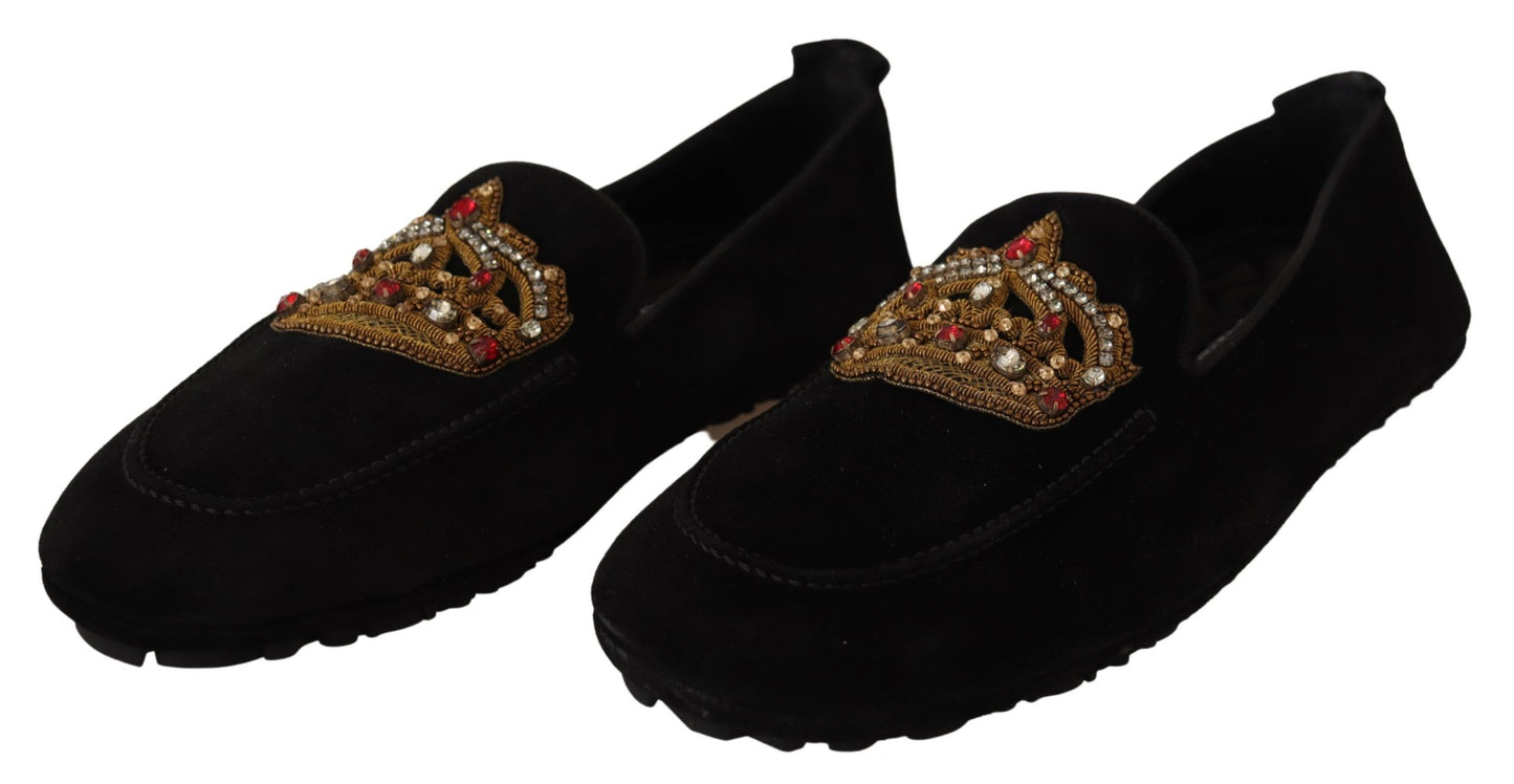 Dolce & Gabbana Schwarzes Leder Crystal Gold Crown Loafers Schuhe