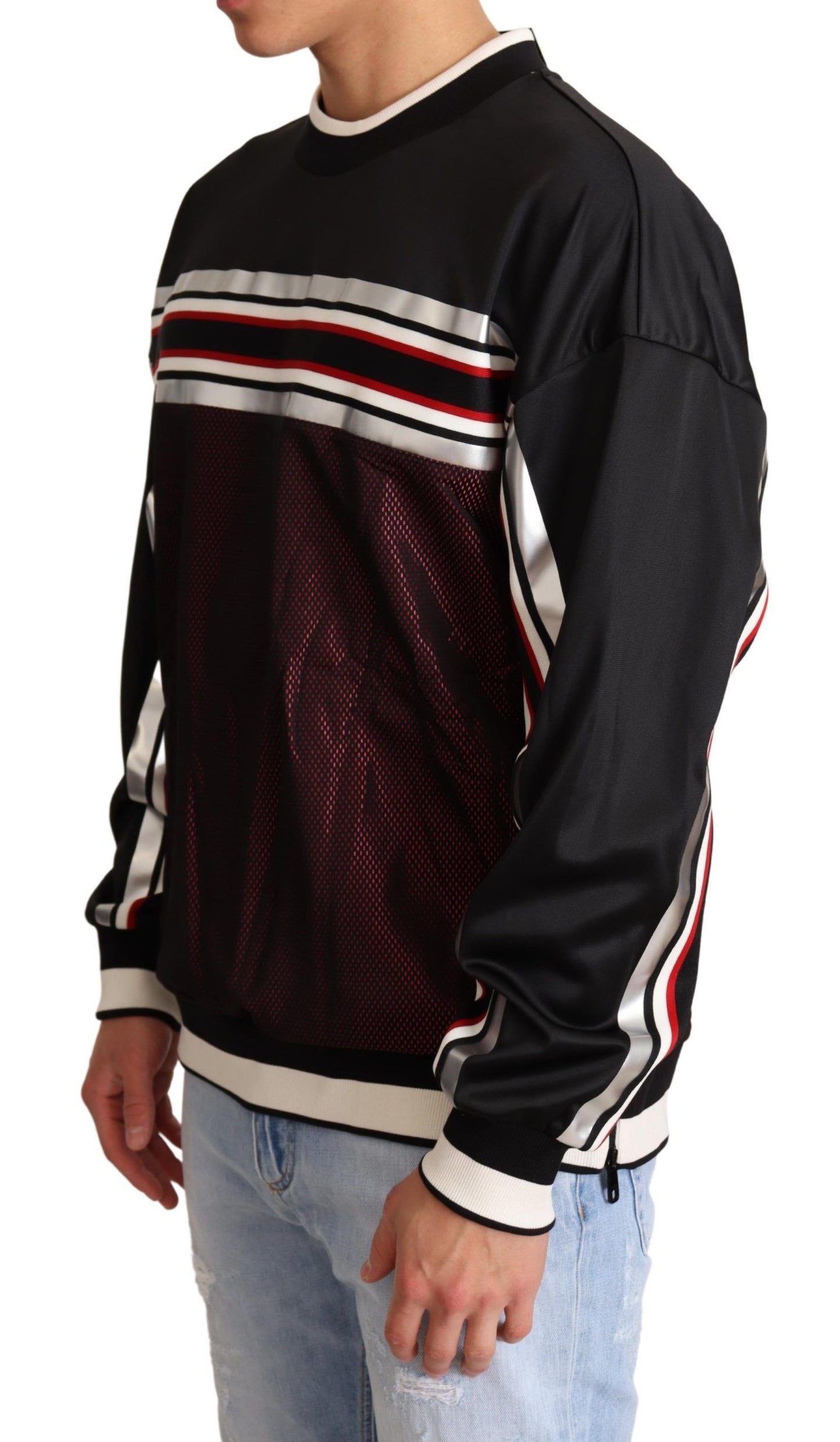 Dolce & Gabbana Schwarzer roter Mesh Sport Pullover mit Rundhalsausschnitt