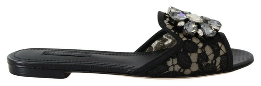 Dolce & Gabbana Schwarz Taormina Spitze Slides Kristalle Flats Schuhe