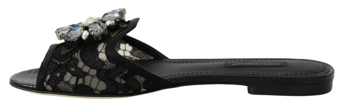 Dolce & Gabbana Schwarz Taormina Spitze Slides Kristalle Flats Schuhe