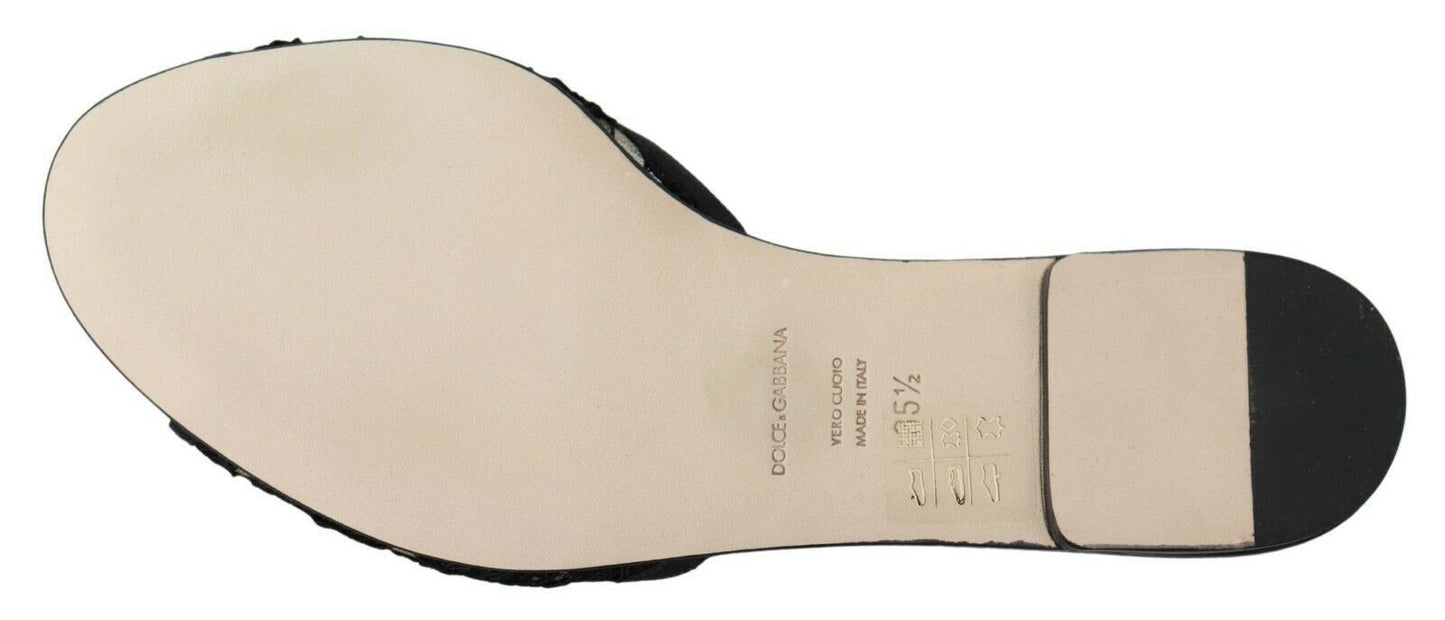 Dolce & Gabbana Schwarz Taormina Spitze Slides Kristalle Flats Schuhe