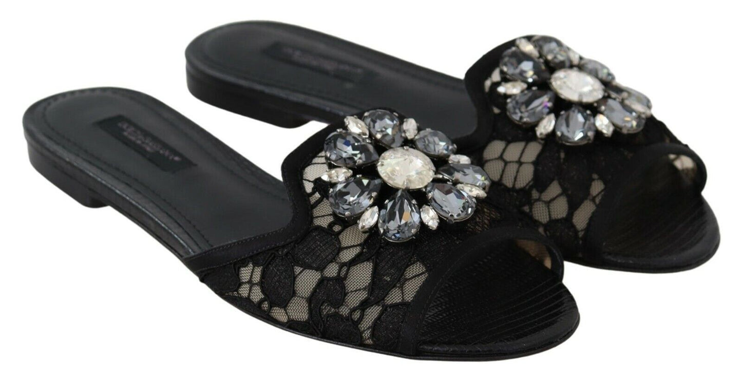 Dolce & Gabbana Schwarz Taormina Spitze Slides Kristalle Flats Schuhe