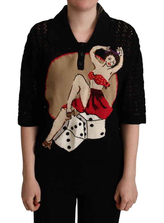 Dolce & Gabbana Schwarzer bestickter Baumwollpullover aus Strick