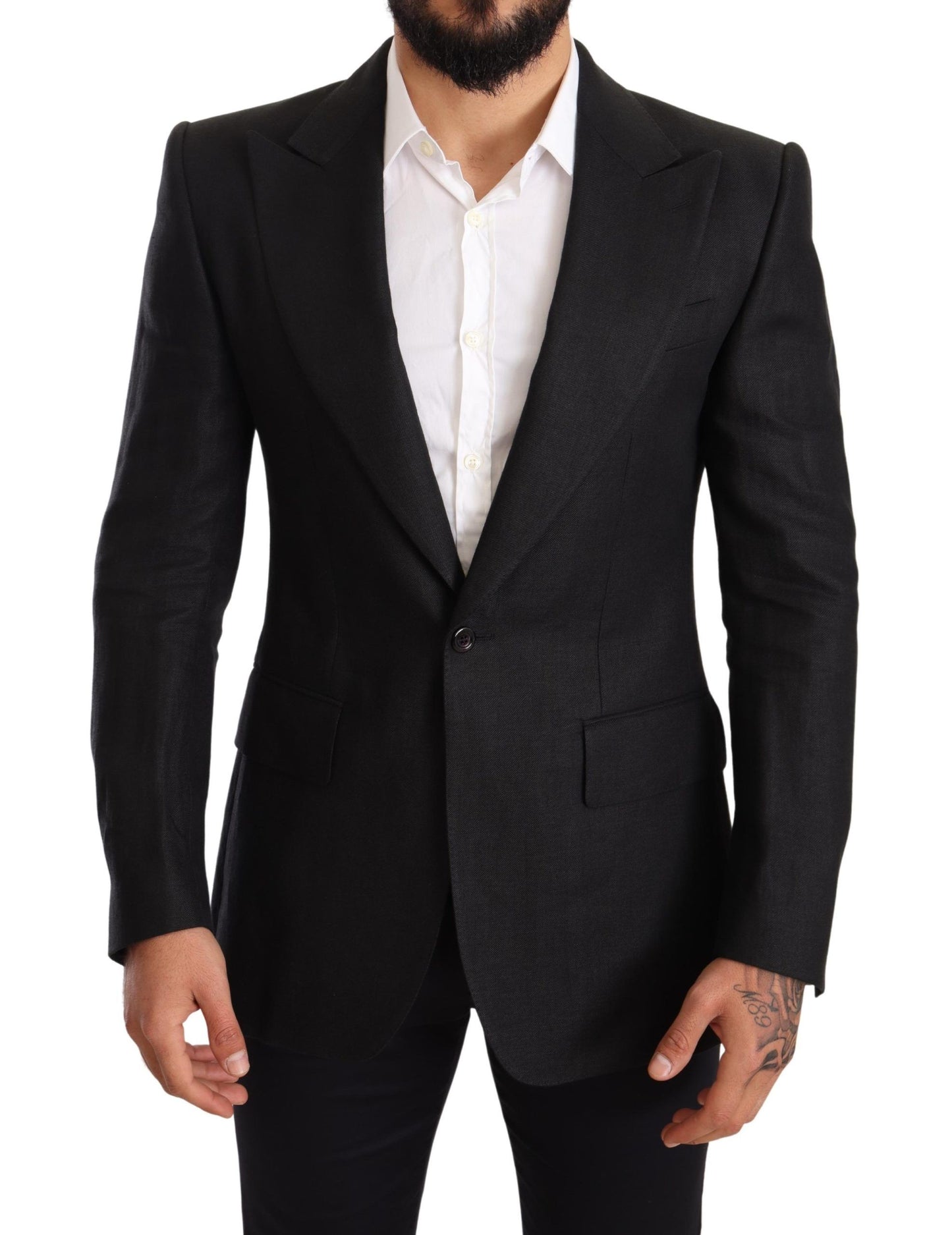 Dolce & Gabbana Schwarzer Leinenmantel Slim Fit Jacke Blazer