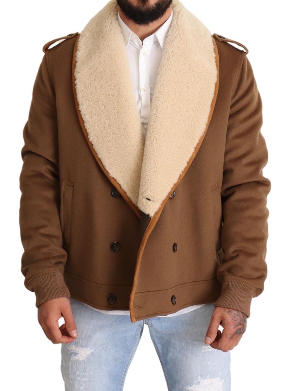 Dolce & Gabbana Brauner doppelreihiger Shearling-Mantel Jacke
