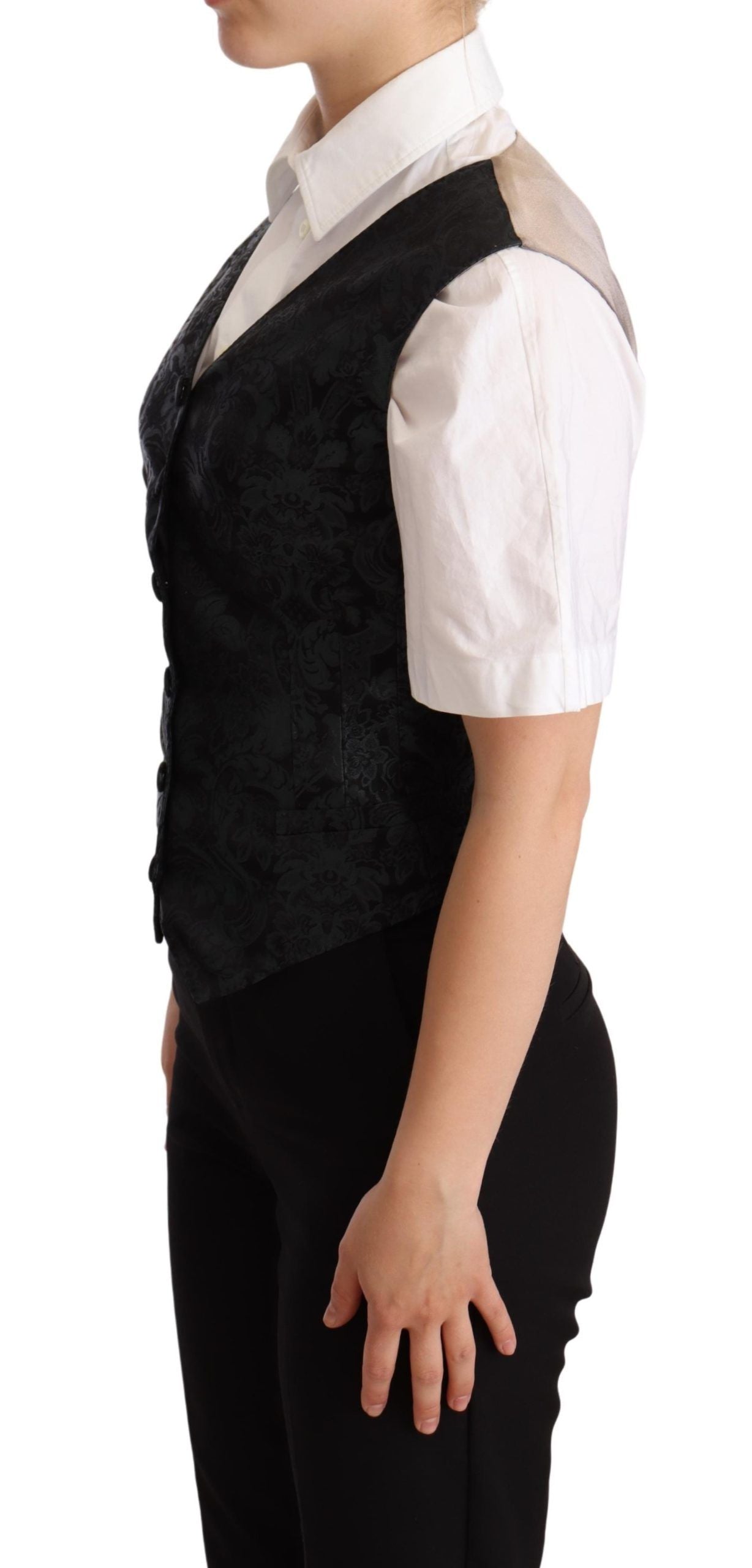 Dolce & Gabbana Schwarze Jacquard-Blumenweste Weste Grün