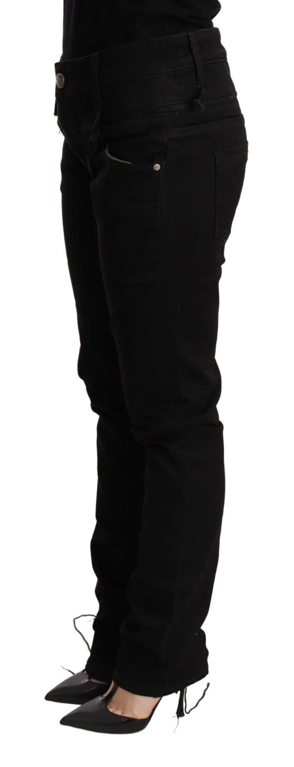 Acht Schwarze Skinny Denim Jeans Hose mit niedriger Taille