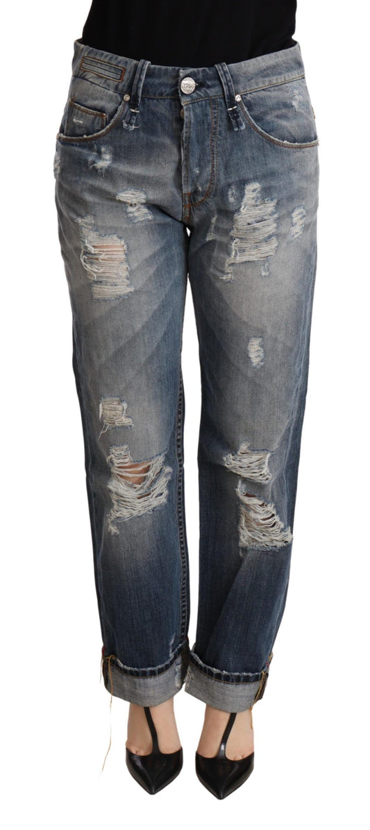 Acht Blaue zerfledderte gerade Denim-Hose mit mittlerer Taille