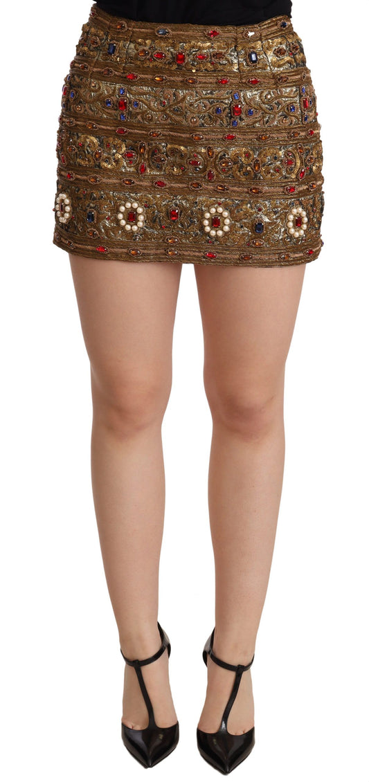 Dolce & Gabbana Goldfarbener Kristall-Jacquard-Rock mit hoher Taille