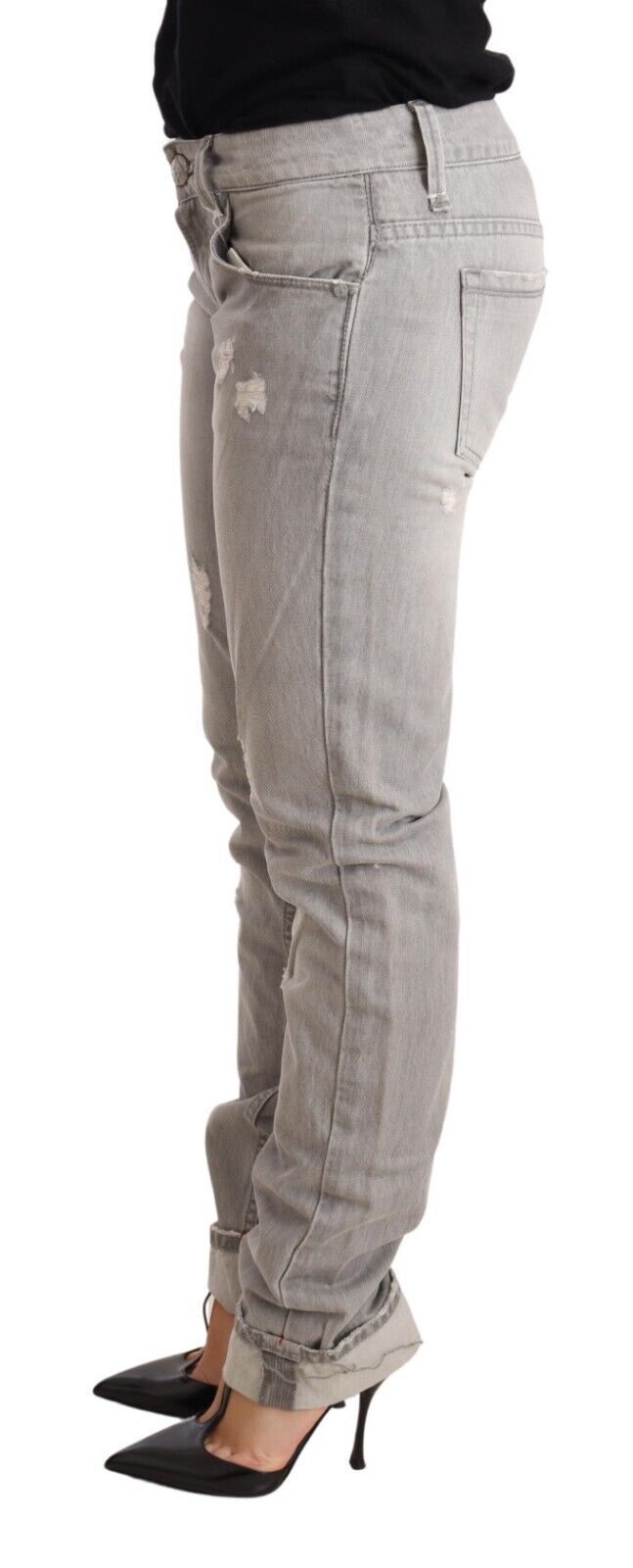 Acht Graue zerfledderte Baumwolle Slim Fit gefalteter Saum Frauen Denim Jeans
