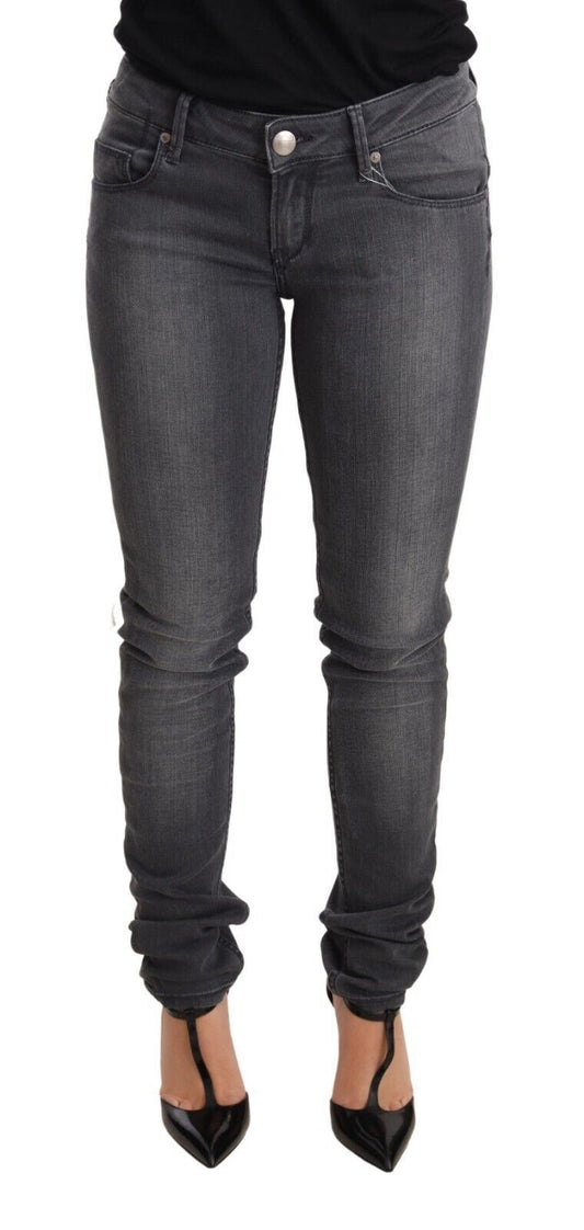 Acht Graue gewaschene Baumwolle Slim Fit Low Waist Damen Denim Hosen Jeans