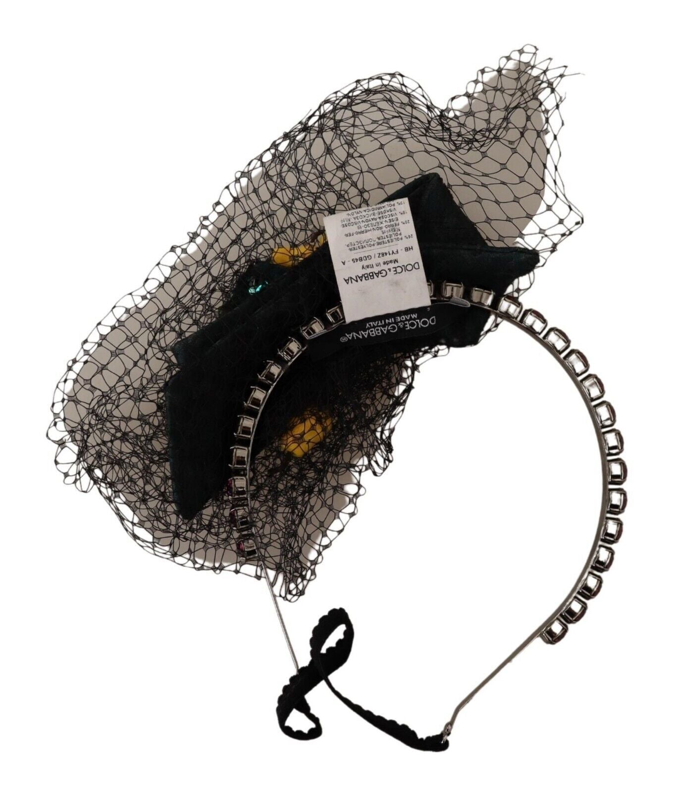 Dolce & Gabbana Silber Tiara Kristalle Früchte Schwarz Mesh Diadem Stirnband