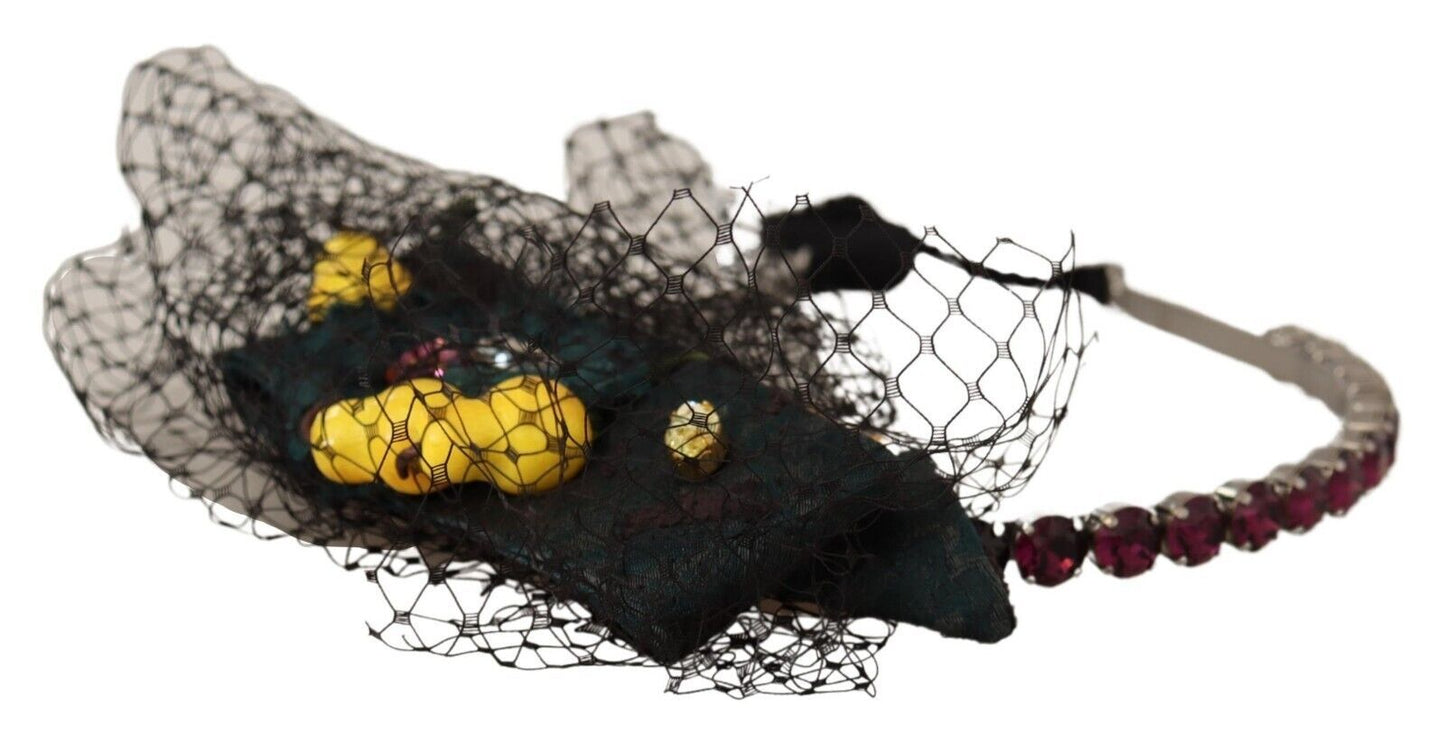 Dolce & Gabbana Silber Tiara Kristalle Früchte Schwarz Mesh Diadem Stirnband