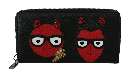 Dolce & Gabbana Schwarzes rotes Leder #DGFAMILY Zipper Continental Geldbörse