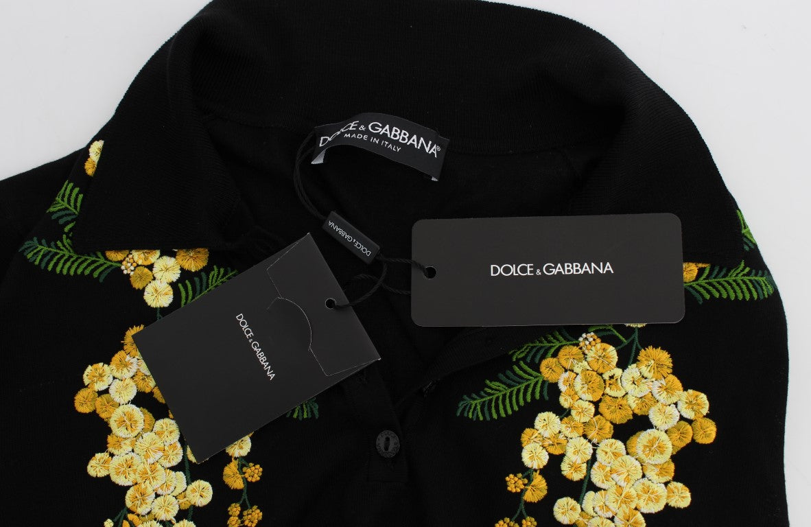 Dolce & Gabbana Schwarzes Poloshirt mit Blumenstickerei aus Seide