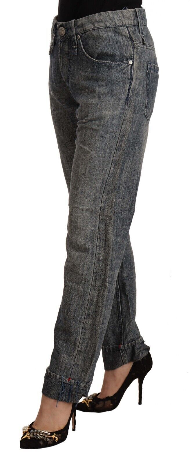 Acht Graue gewaschene Ramie Straight Denim Jeans mit gefaltetem Saum