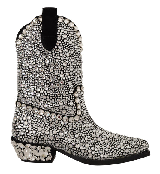 Dolce & Gabbana Schwarzes Wildleder Strass Kristall Cowgirl Stiefel
