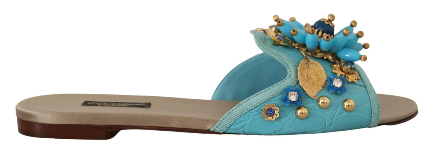 Dolce & Gabbana Blaue Kristall Exotische Leder Blaue Kristall Sandalen