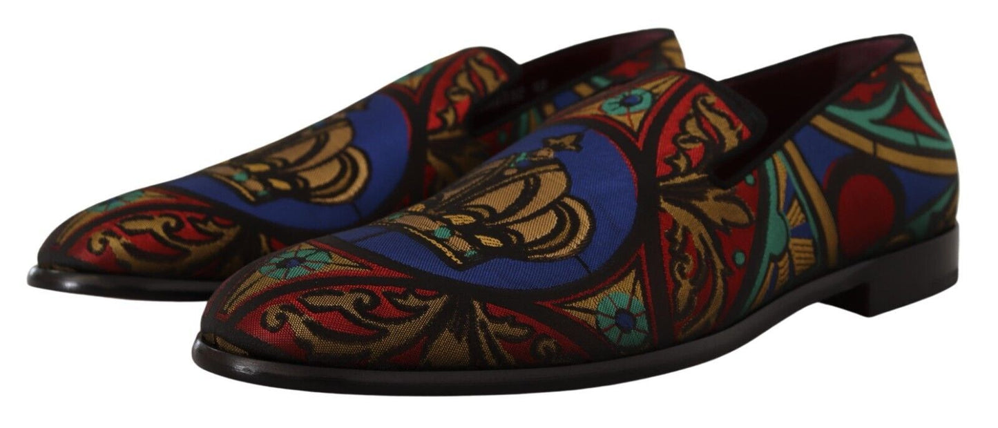 Dolce & Gabbana Multicolor Jacquard Krone Hausschuhe Loafers Schuhe