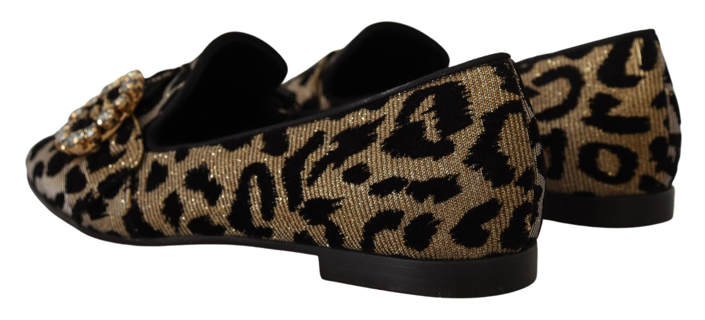 Dolce & Gabbana Gold Leopard Print Kristalle Loafers Schuhe
