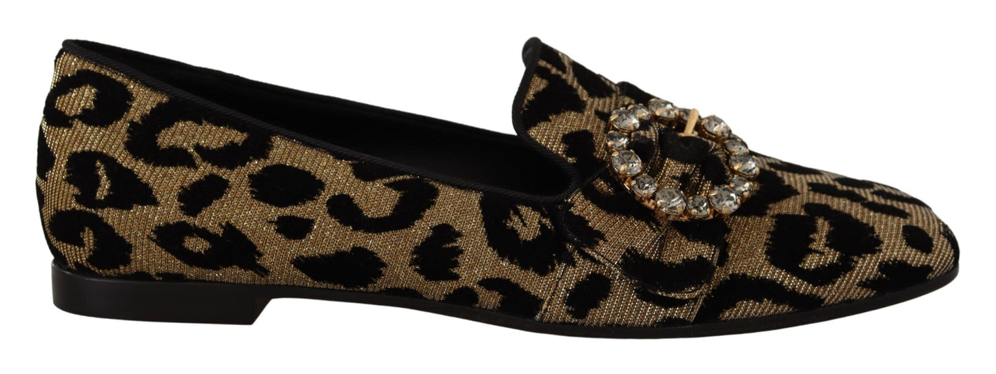 Dolce & Gabbana Gold Leopard Print Kristalle Loafers Schuhe