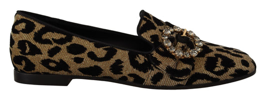 Dolce & Gabbana Gold Leopard Print Kristalle Loafers Schuhe