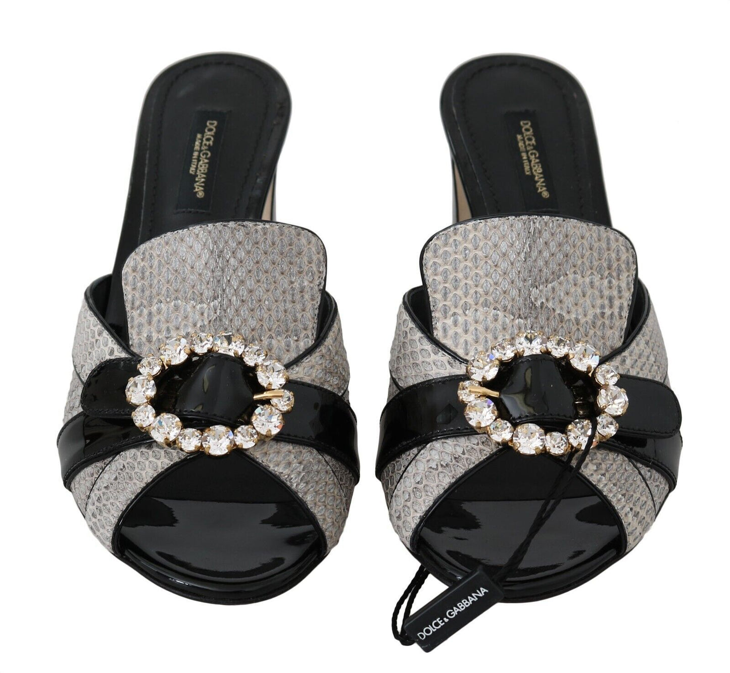Dolce & Gabbana Schwarz Grau Exotisches Leder Kristalle Sandalen Schuhe