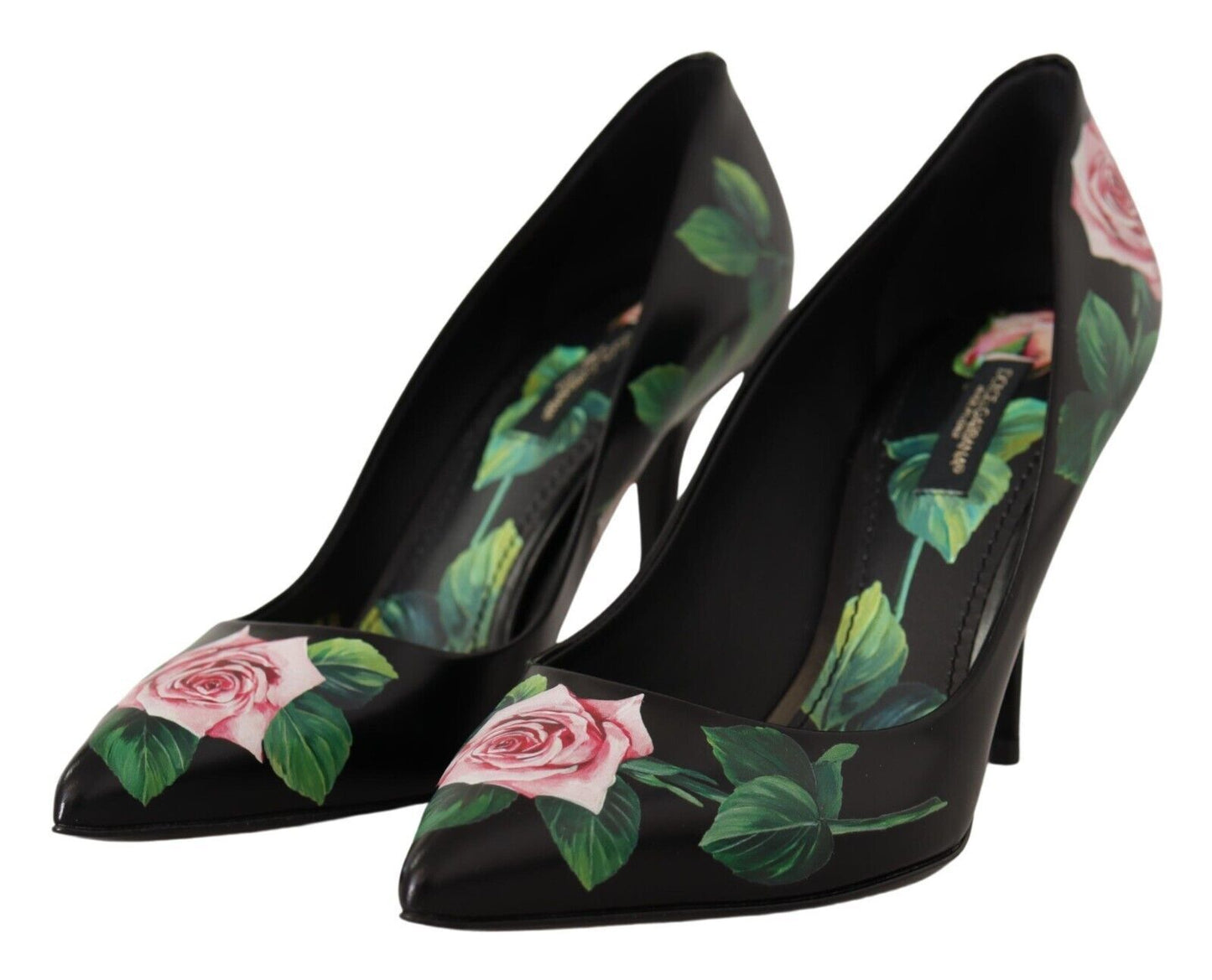 Dolce & Gabbana Schwarz Leder Rosen High Heels Pumps Schuhe