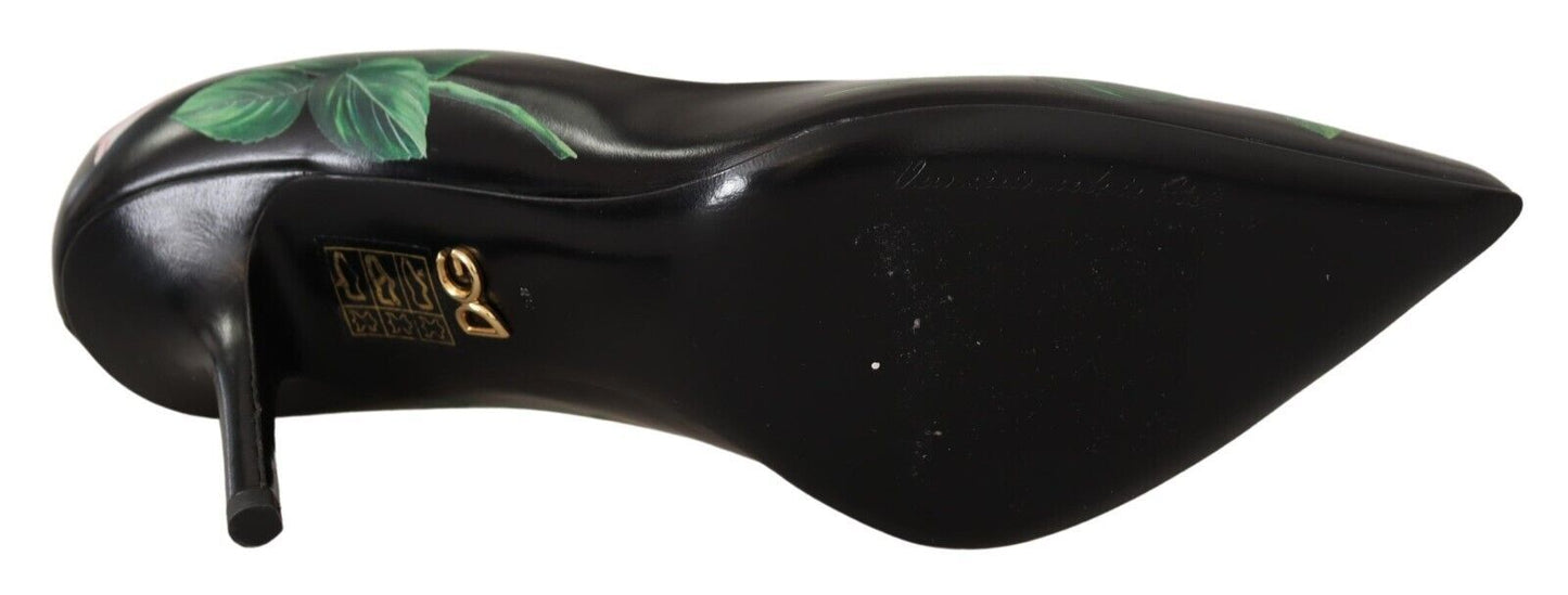 Dolce & Gabbana Schwarz Leder Rosen High Heels Pumps Schuhe