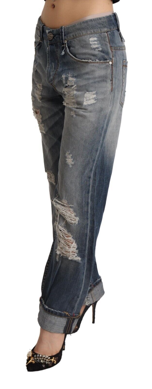Acht Blaue zerfledderte Mid Waist Straight Denim Baumwolljeans