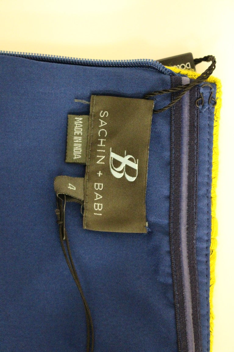 Sachin & Babi Blau-Gelbes trägerloses Bubble Mini Shift Dress