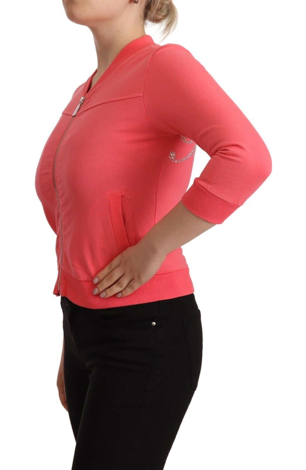 Blumarine Rosa 3/4-Ärmel Pullover mit Reißverschluss und Verzierungen