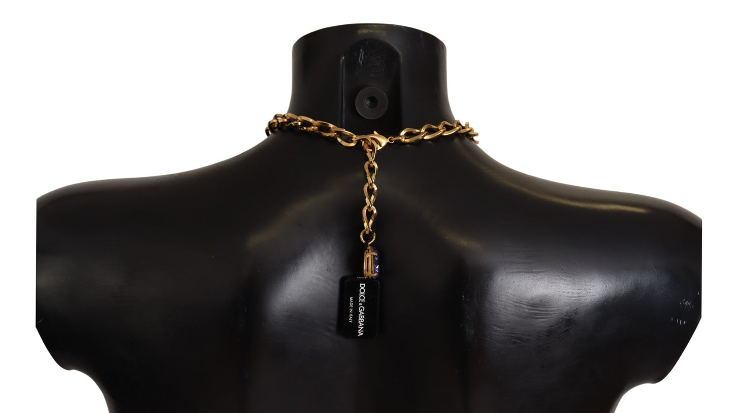 Dolce & Gabbana Gold Messing Kristall Lila Rosa Perle Anhänger Halskette