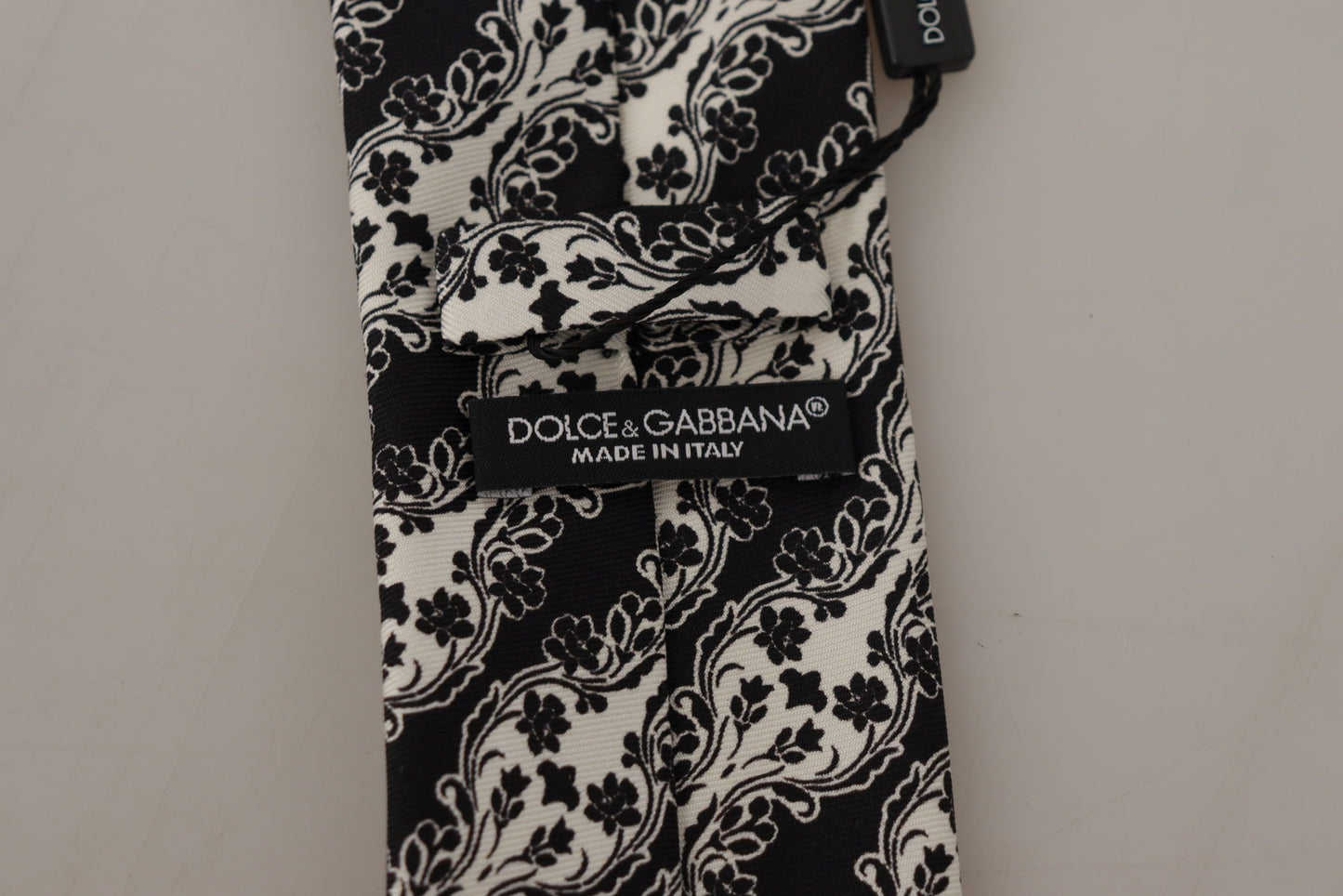 Dolce & Gabbana Schwarz Weiße Blume 100% Seide Druck Verstellbares Accessoire Krawatte