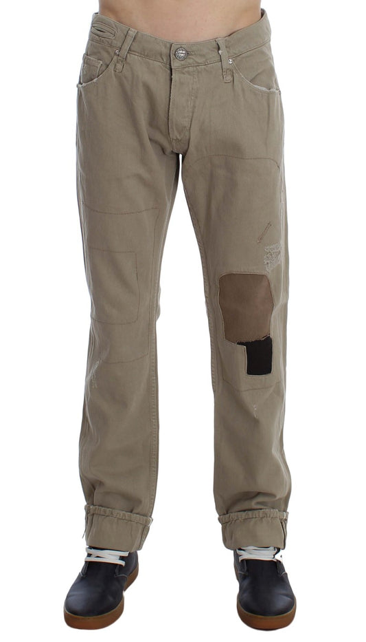 Acht Beige Baumwoll-Patchwork-Jeans