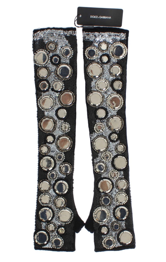 Dolce & Gabbana Schwarze paillettenbesetzte Fingerlose Handschuhe aus Kaschmir