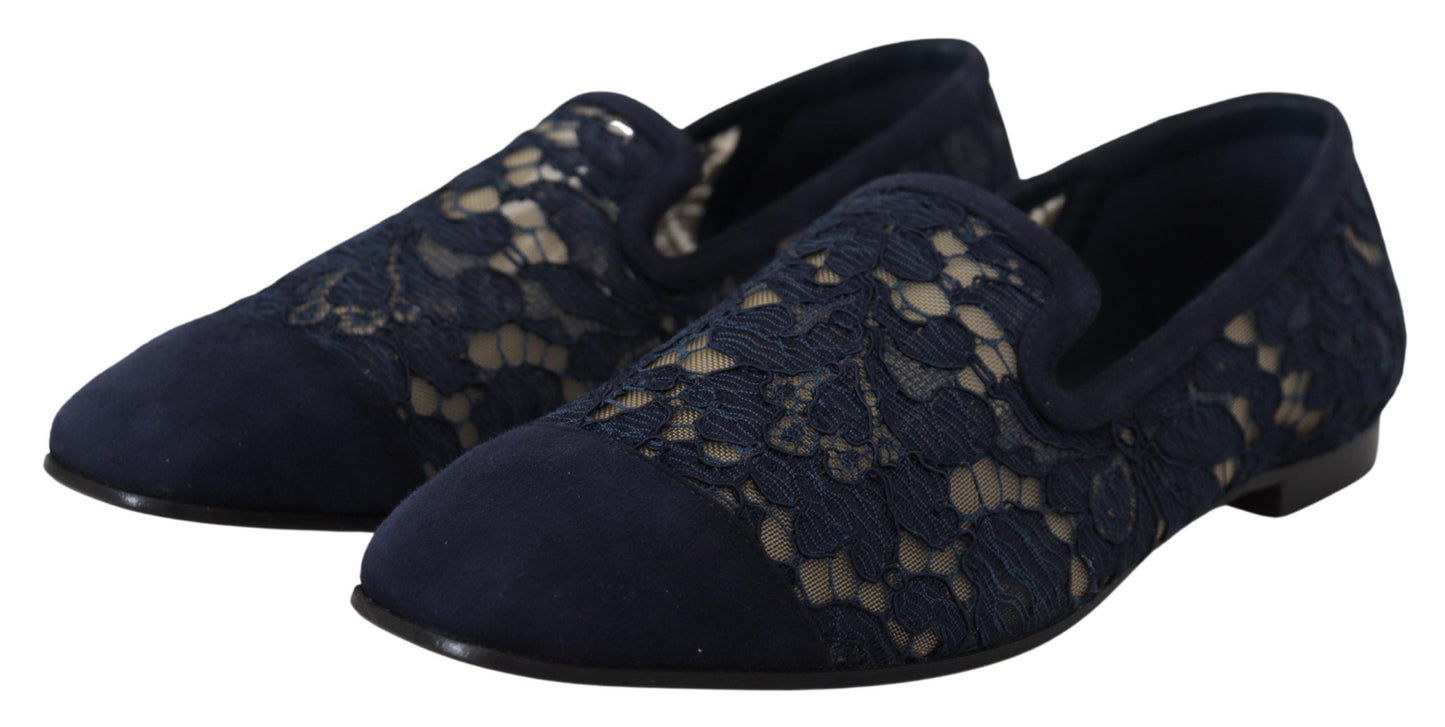 Dolce & Gabbana Blau Floral Spitze Slip Ons Loafers Flats Schuhe