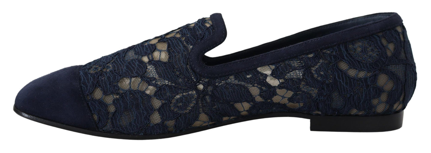 Dolce & Gabbana Blau Floral Spitze Slip Ons Loafers Flats Schuhe