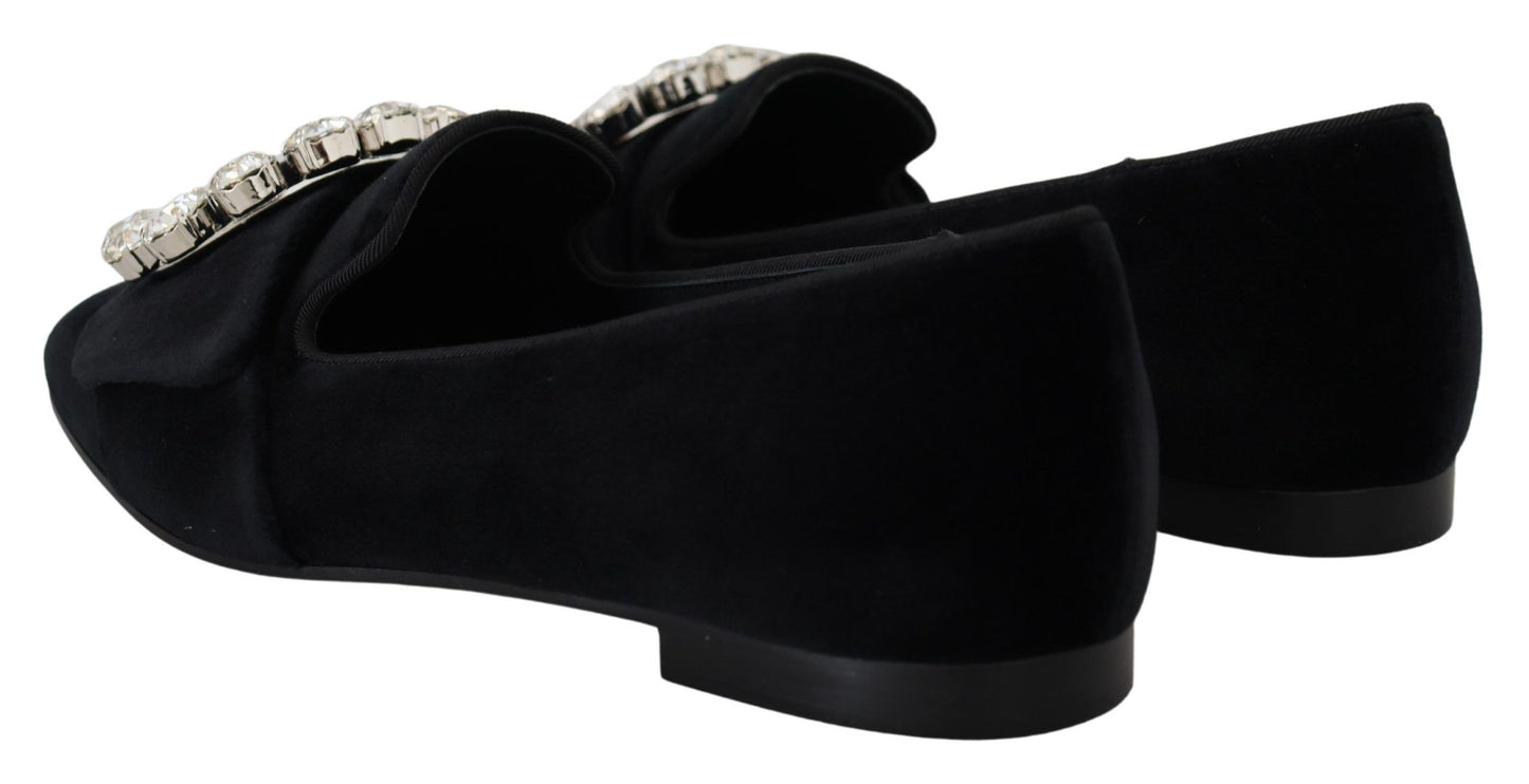 Dolce & Gabbana Schwarz Samt Kristalle Loafers Flats Schuhe