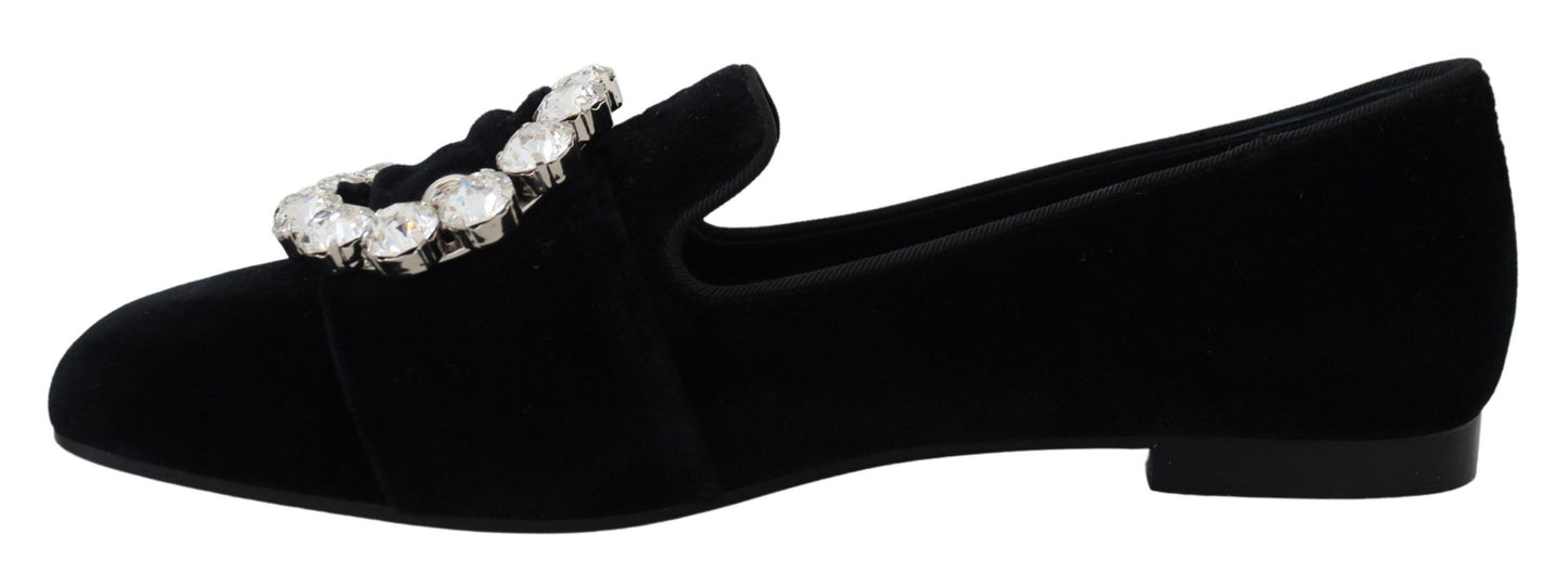 Dolce & Gabbana Schwarz Samt Kristalle Loafers Flats Schuhe