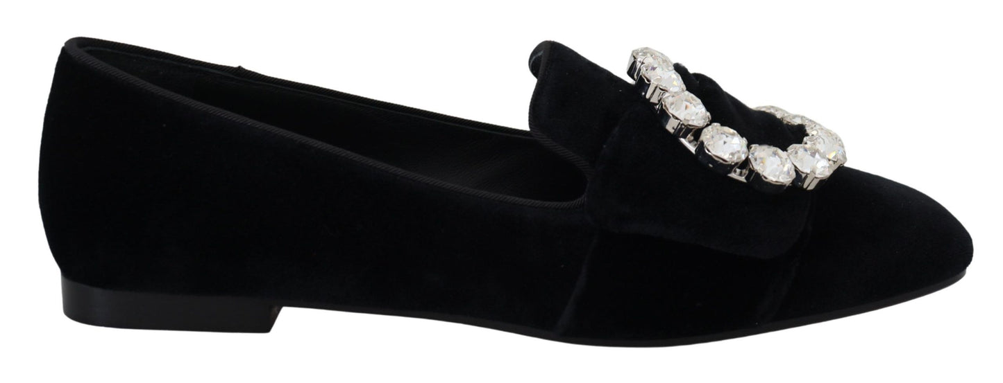 Dolce & Gabbana Schwarz Samt Kristalle Loafers Flats Schuhe