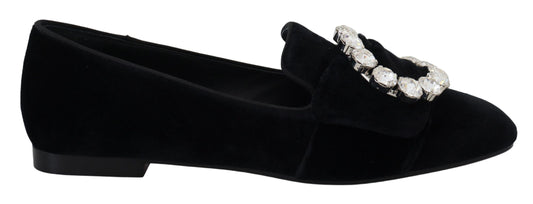 Dolce & Gabbana Schwarz Samt Kristalle Loafers Flats Schuhe