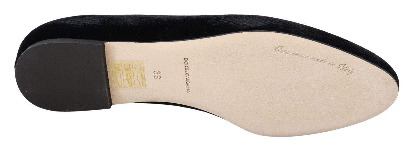Dolce & Gabbana Schwarzer Samt Slip Ons Loafers Flats Schuhe