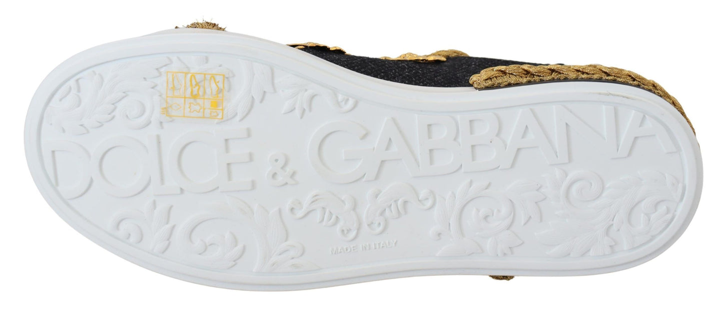 Dolce & Gabbana Schwarz Gold Barock Portofino Leder Turnschuhe Schuhe