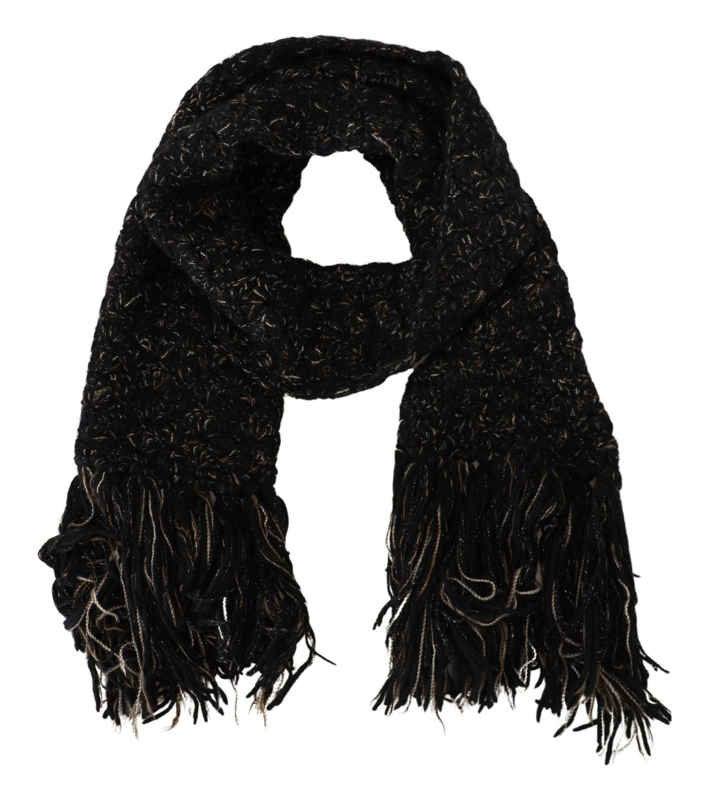 Dolce & Gabbana Schwarzer Wolle gestrickt Wrap Foulard Fransenschal