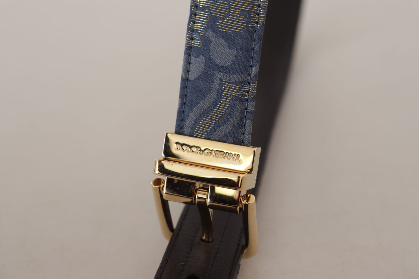 Dolce & Gabbana Marineblauer Jacquardgürtel mit goldfarbenem Logo und Metallschnalle