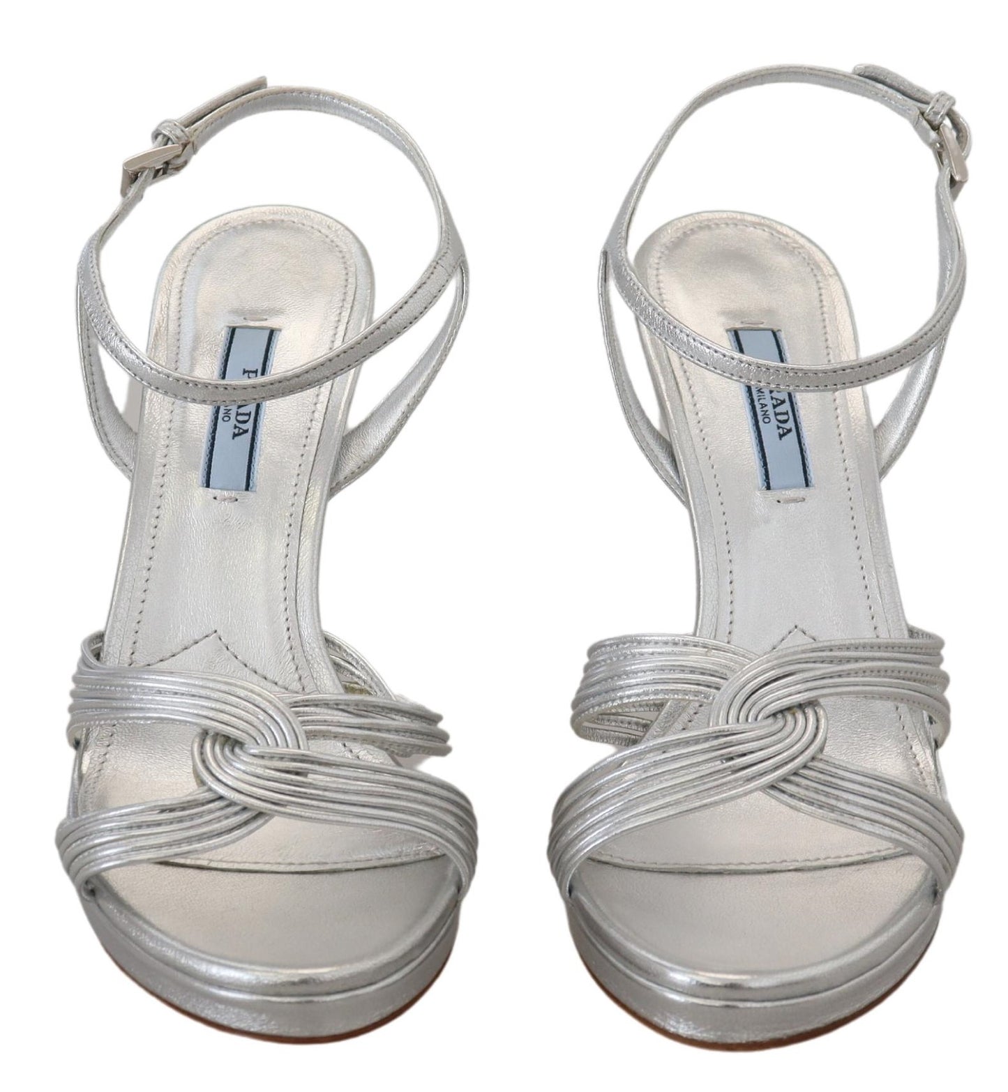 Prada Silberne Leder-Sandalen Knöchelriemen-Absätze Stiletto
