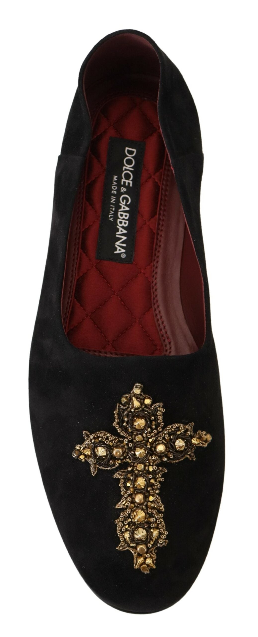 Dolce & Gabbana Schwarz Wildleder Gold Kreuz Slip On Loafers Schuhe