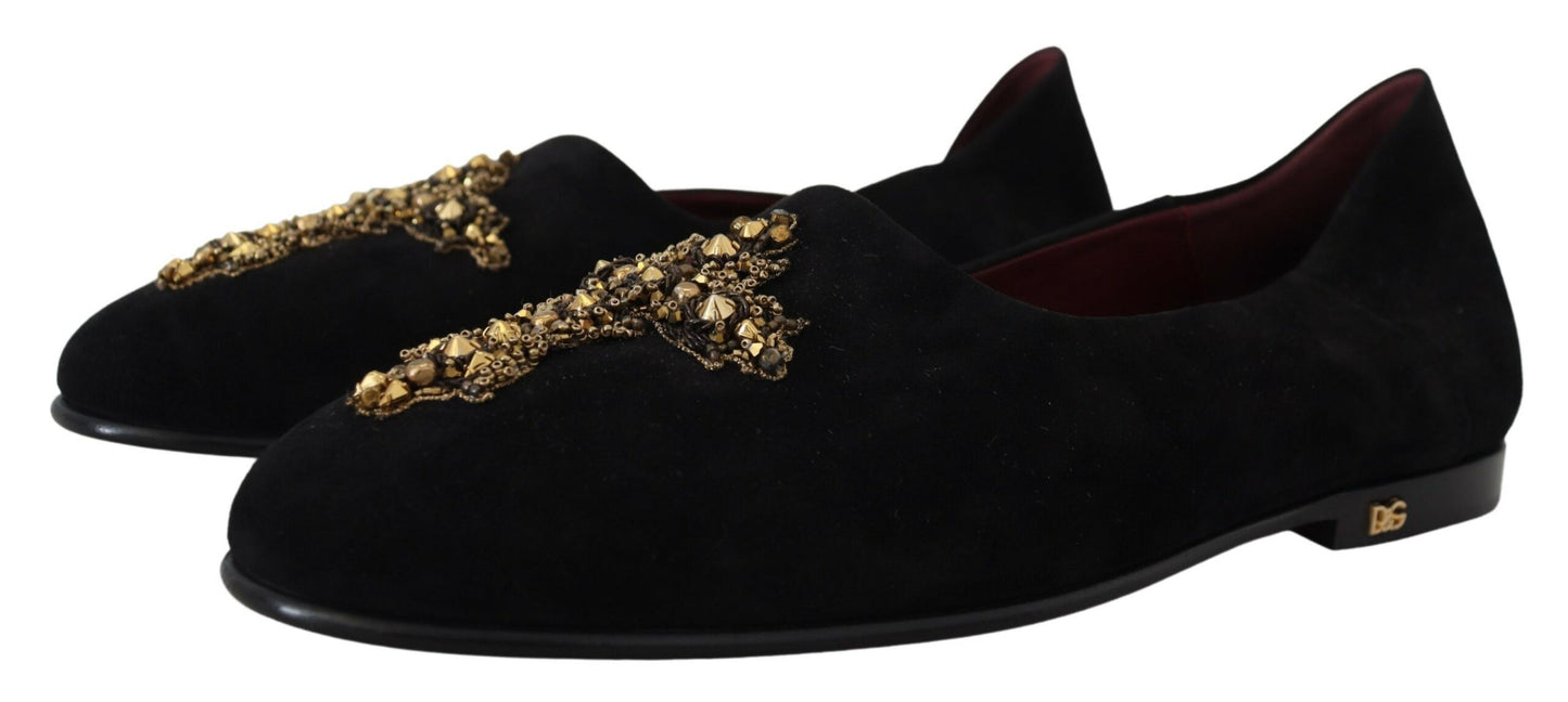 Dolce & Gabbana Schwarz Wildleder Gold Kreuz Slip On Loafers Schuhe