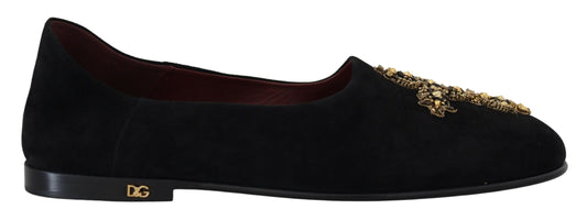 Dolce & Gabbana Schwarz Wildleder Gold Kreuz Slip On Loafers Schuhe